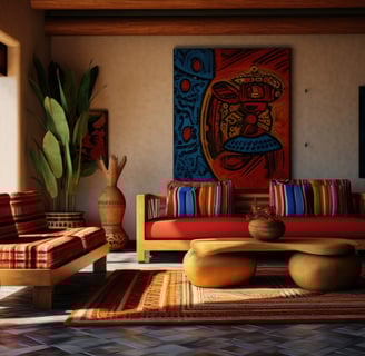 a living room with a couch and a painting