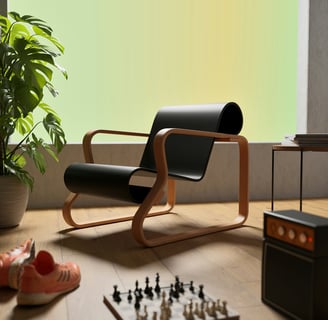 a chair with a chess board game and a chess game