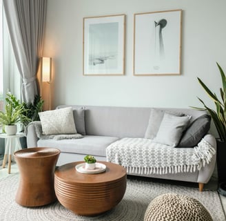 a living room with a couch and a table