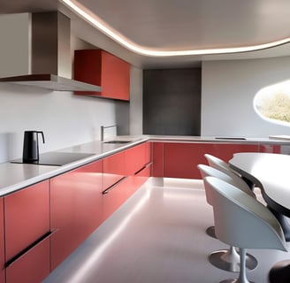 a kitchen with a table and chairs and a table
