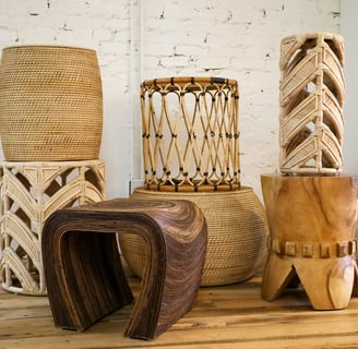 a variety of decorative wooden pieces of artisanly carved wood