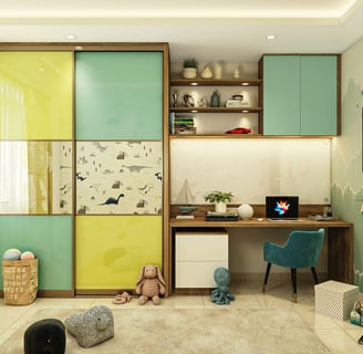 a room with a desk and a desk with a computer
