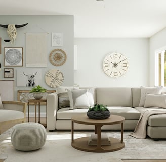 a living room with a couch and a clock