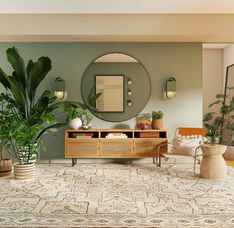a living room with a mirror and a mirror