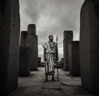 an african stoic in a striped robe standing in front of a stonehench