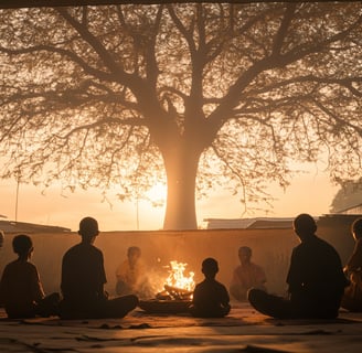 a group of people sitting around a fire pit