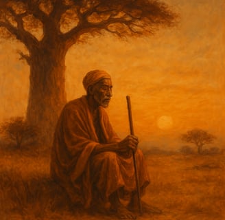 An elderly African man sits beneath a massive baobab tree at sunset, dressed in traditional attire. 