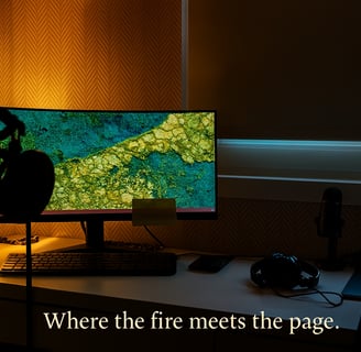 a desk with a computer monitor and a microphone