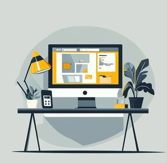 a computer monitor screen with a desktop computer and a lamp