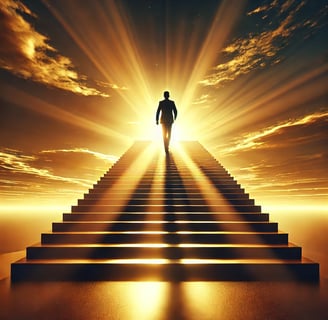 a man walking up a staircase way with a bright light shining down on a stairway