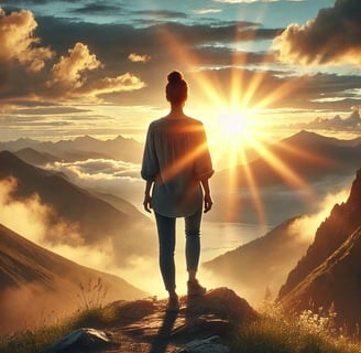 a person standing on a mountain top with a sunbeam