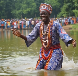 A celebratory crowd is gathered with individuals wearing colorful costumes and hats. Some participants are holding up phones to capture the event. Distinctive elements include a large decorative sun-shaped object with text panels, and a woman in a white outfit with long braids and blue ribbons.