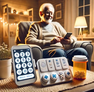 a senior sitting on a couch with a remote control