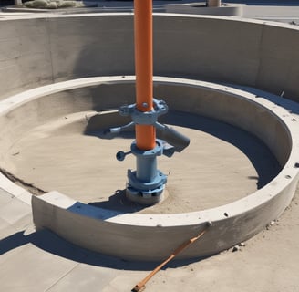 A large industrial water tank with sections made of a light-colored material, supported by a metal frame and beams. Red pipes run alongside the tank, attached to the ground. The setting is outdoors under a clear blue sky, with a paved walkway and some patches of sandy soil visible.