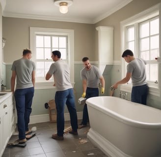 A man is working in a room with a marble-tiled wall and a window surrounded by metal frames. The man is wearing a gray shirt and white pants, using tools for what appears to be an installation or maintenance task. The ceiling is blue with several recessed lights.