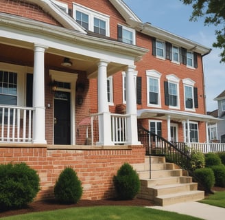 A large, modern house with white walls and red accents, featuring a balcony and several large windows. Palm trees and well-kept landscaping enhance the property, which has a driveway leading to a garage. The sky is clear and the sun casts shadows on the grass lawn.