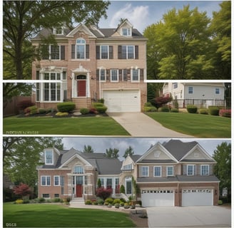 A suburban house with a brick facade and double garage doors. The roof is dark, and there are several bare trees and green bushes surrounding the property. A for sale sign is visible on the front lawn.