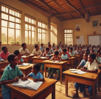 A classroom filled with young students wearing uniforms in shades of green and blue. The walls are adorned with chalkboards and posters, and natural light filters through a window. The students are seated at wooden desks, some are smiling while others look attentive.