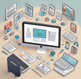 A workspace featuring a whiteboard with a social media content schedule, organized by day and platform, using sticky notes in varying colors. A wooden table holds an open laptop displaying a social media management application, alongside pens and small circular items.
