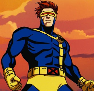 a man in a blue suit and yellow gloves
