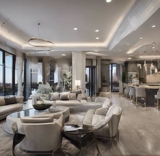 a living room with a large window and a view of the city