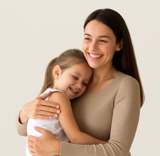 a woman holding a child and smiling