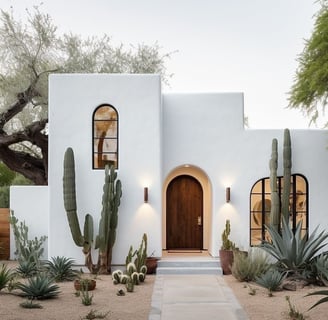 White house with cactus garden at the front