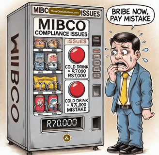 A vending machine labeled "MIBCO Compliance Issues" with a button for "Cold Drink = R70,000 Mistake.