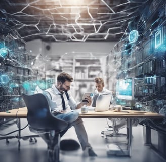a man and woman working on laptops in a server room