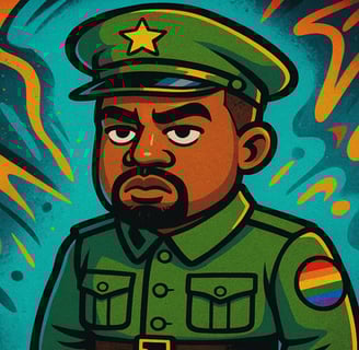 a cartoon character with a military uniform and a rainbow - colored background