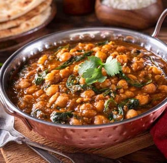 chickpea curry in a balti dish garnished with coriander