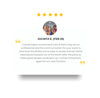 5 star Google review from Jucinta in February 2025 for photo booth hire they were professional and communication next level