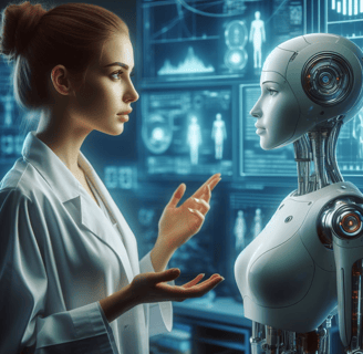 a woman in a lab coat standing explaining to a robot