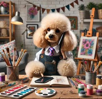 a red poodle cartoon sitting at desk making a call on the cell phone