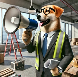 cartoon business dog on a worksite wearing a safety vest and holding a megophone