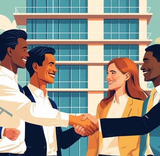 Pessoas segurando as maos umas das outras frente a um predio representando negocios sobre FIIS