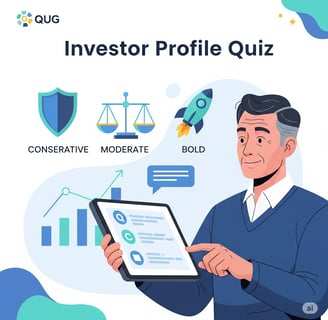 Ilustração de uma pessoa respondendo ao quiz de perfil de investidor em um tablet, com ícones simbol