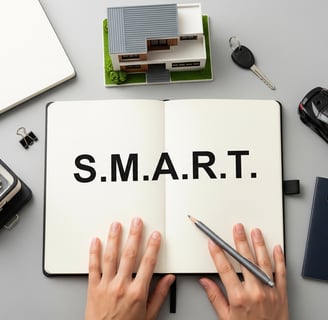 Planejamento de metas financeiras com o método SMART, mostrando um caderno com a sigla, cercado por 