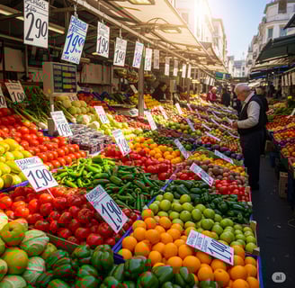 Gere uma imagem: Foto de feira ou mercado com frutas, verduras e etiquetas de preços em destaque