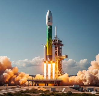 A imagem mostra um foguete moderno e potente, com um design aerodinâmico e as cores verde e amarelo 