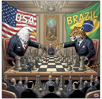 Uma charge política que retrata os EUA e o Brasil como adversários estratégicos. Uma águia-careca, v