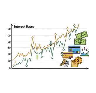 Ilustração em estilo infográfico com um gráfico de linha central mostrando a alta e queda da taxa de
