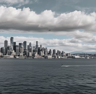 a view of Seattle Washington from the ferry of the port of Seattle