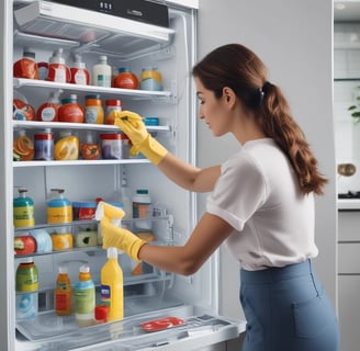 a woman cleaning a fridge