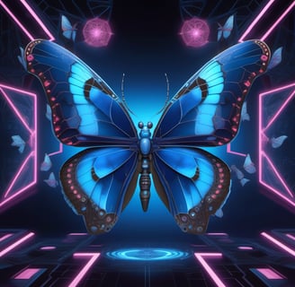 Blue Butterfly with symbols , lines and more butterflies around