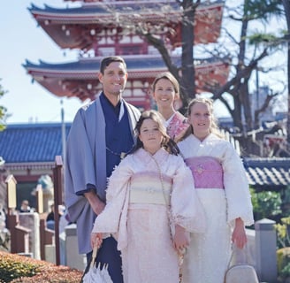 family wearing kimonos at sensoji temple in Tokyo