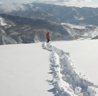 Tom Philp from Travel Plus kids snowboarding in Hakuba Powder