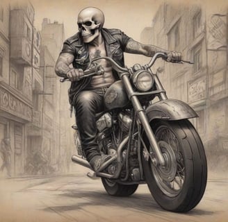 Caveira envenenada pilotando Harley-Davidson em ilustração exclusiva.