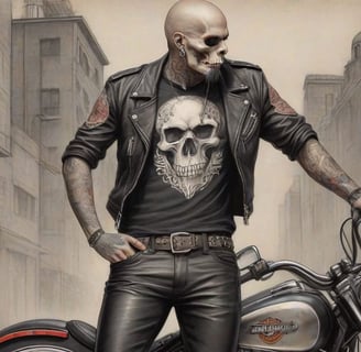 Quadro de caveira motociclista em ambiente urbano da Cavérik