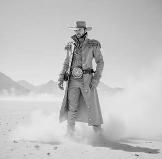 a man in a cowboy hat and a long coat
